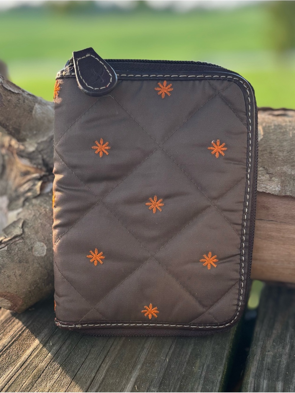 Eddie Bauer Brown Quilted Zip Wallet with Orange Embroidery